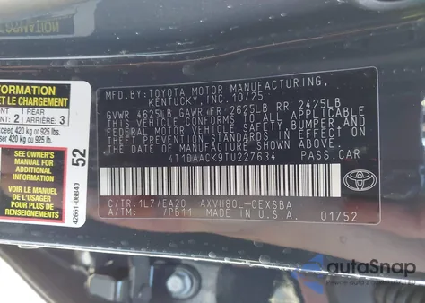 2026 Toyota Camry Se z USA, uszkodzony, nr VIN 4T1DAACK9TU227634